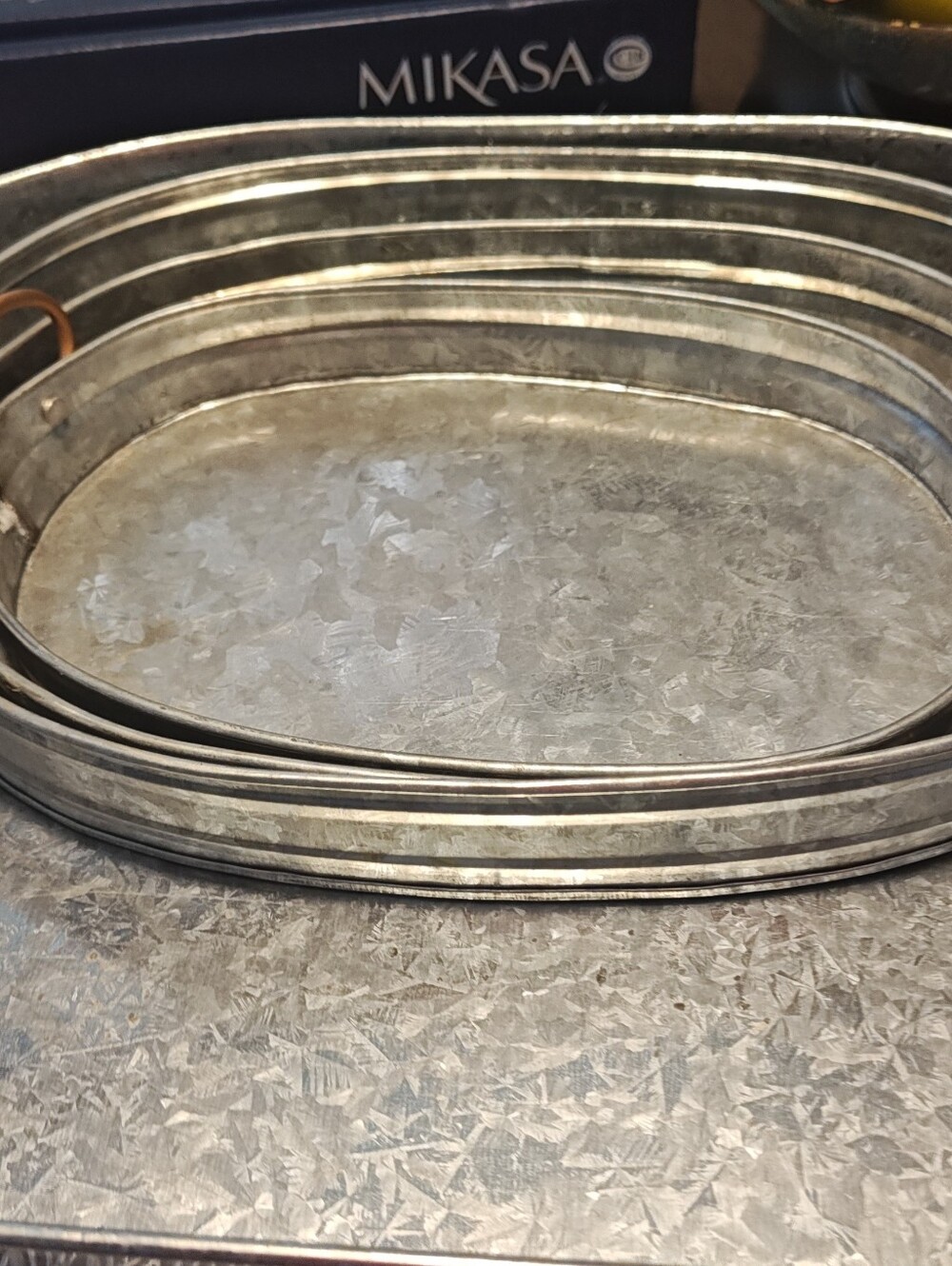 Galvanized Oval Serving Tray Set - Silver/Gray